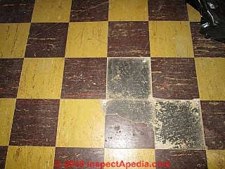 Asphalt asbestos flooring from an installation between 1952 and 1962 (C) InspectApedia.com